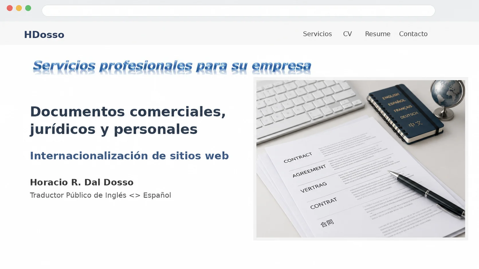 Vista del sitio de servicios profesionales HDosso