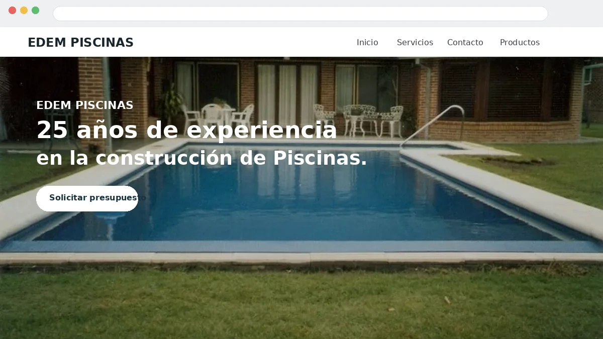 Vista del sitio web de EDEM Piscinas